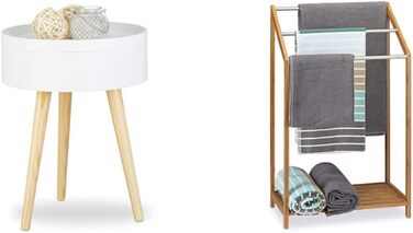 Relaxdays Beistelltisch rund skandinavisches Design, 70er, Nachttisch mit Tablett, Staufach, HxBxT: 50x38x38 cm, weiß  (Bundle mit Handtuchhalter)