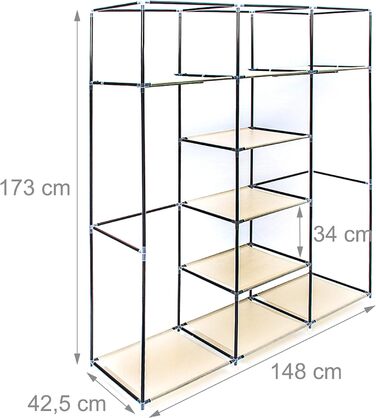 Relaxdays 1 x Faltschrank Valentin XXL, Stoffschrank, 2 Kleiderstangen, 9 Ablagen, Kleiderschrank, HBT 173 x 148 x 42,5 cm, beige 1 Beige 1 Stück