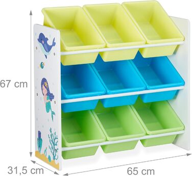 Relaxdays Kinderregal, 9 Aufbewahrungsboxen, Meerjungfrau Motiv, MDF, Kunststoff, Spielzeugregal HBT 67x65x31,5 cm, bunt