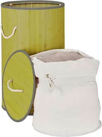 Relaxdays Wäschekorb Bambus, faltbar, 70 l, Wäschesack Baumwolle, rund Ø 41 cm, mit Deckel, grün