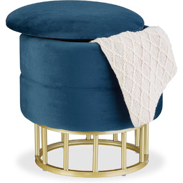Relaxdays Samthocker mit Stauraum, runder gepolsterter Sitz, 40x40 cm, blau/Gold
