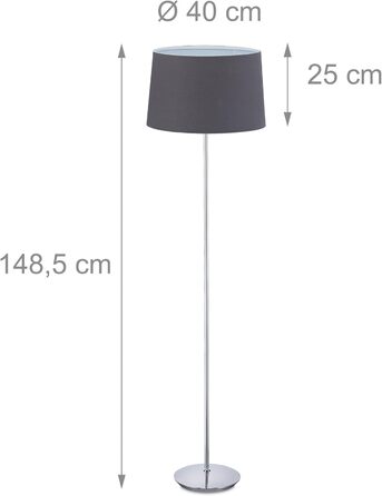 Relaxdays Stehlampe, Stoffschirm, verchromter Fuß, E27, Ø 40 cm, 148,5 cm hoch, Grau