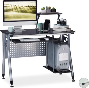 Relaxdays Computertisch, Glas, Tastaturauszug, Fach für Rechner, HBT 98x105x55 cm, modern, Schwarz