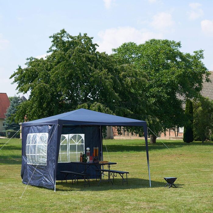 Relaxdays Pavillon 3x3 m, 2 Seitenteile, Metall Gestell, PE Plane, Fenster, Festival Partyzelt, Geschlossen, (Blau)
