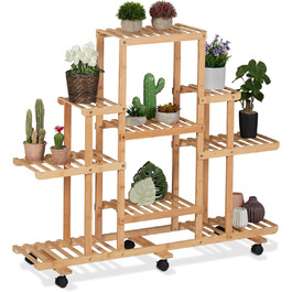 Relaxdays Pflanzenregal Bambus, 9 Ablagen, mit Rollen, 103x120x35,5 cm, Blumenregal innen, natur