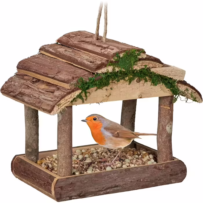 Relaxdays Vogelfutterhaus Holz, HBT: 17x15x12cm, mit Silo, Vogelfutterspender, Natur (Bundle)