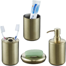 Relaxdays Badezimmer Set, 4-teilig, Seifenspender, Seifenschale, Zahnputzbecher, Zahnbürstenhalter, Edelstahl, Gold 10038874
