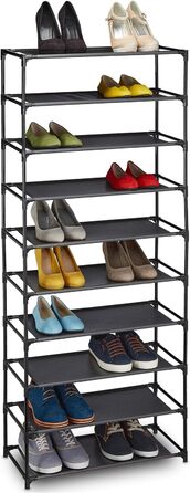 Relaxdays, schwarz Stoff Schuhregal Stecksystem, 10 Ebenen, für 30 Paar Schuhe, Schuhständer hoch HxBxT 150 x 62 x 28 cm, 1 Stück