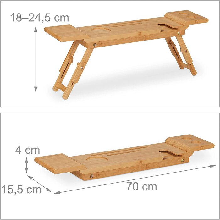 Relaxdays Badewannenablage Bambus, 70cm breit, Badetablett für Glas, Handy, Tablet, Badewannenbrett zum Einhängen, Natur