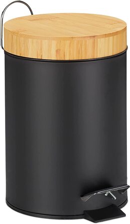 Relaxdays Mülleimer Bad, 3 l, Kosmetikeimer mit Absenkautomatik, Bambusdeckel, entnehmbarer Inneneimer, Treteimer, (Schwarz)