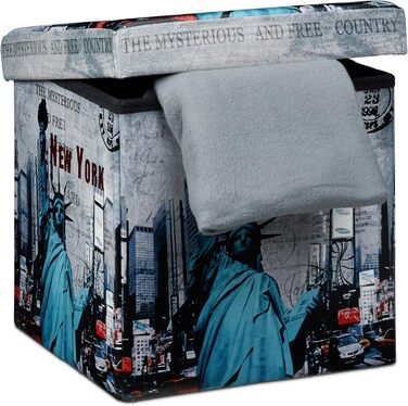 Relaxdays Faltbarer Sitzhocker 38 cm, stabiler Sitzwürfel, Kunstleder, Stauraum, New York Motiv