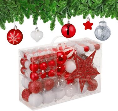 Relaxdays Weihnachtskugeln 101er Set, Kunststoff, Baumdeko mit Kugeln & Spitze, rosa/weiß (Rot)