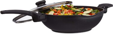 Relaxdays Wokpfanne mit Glasdeckel 30 cm, Wok mit Antihaftbeschichtung für Gas-, Elektroherd, Griff, 4 Liter, schwarz