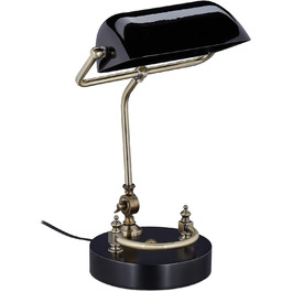 Relaxdays Bankerlampe, Glasschirm, Holzfuß, neigbare Bibliothekslampe, E27-Fassung, Schreibtischlampe Retro, schwarz