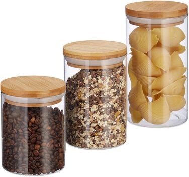Relaxdays Glasdosen, 3er Set, 500-1000 ml, für Lebensmittel, D 9,5 cm, natur, 18x9.5x9.5 cm