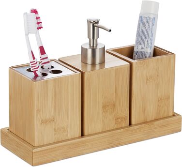 Relaxdays Bade-Set, 4-tlg., Bambus, Seifenspender, Becher, Halter, Schale