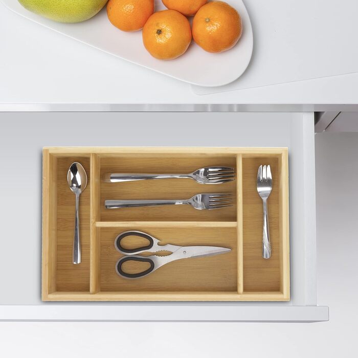 Relaxdays Bambus Besteckkasten, 4 Fächer, robuster Organizer, HxBxT: ca. 7x37x23 cm, Tragegriff (max. 50 Zeichen)