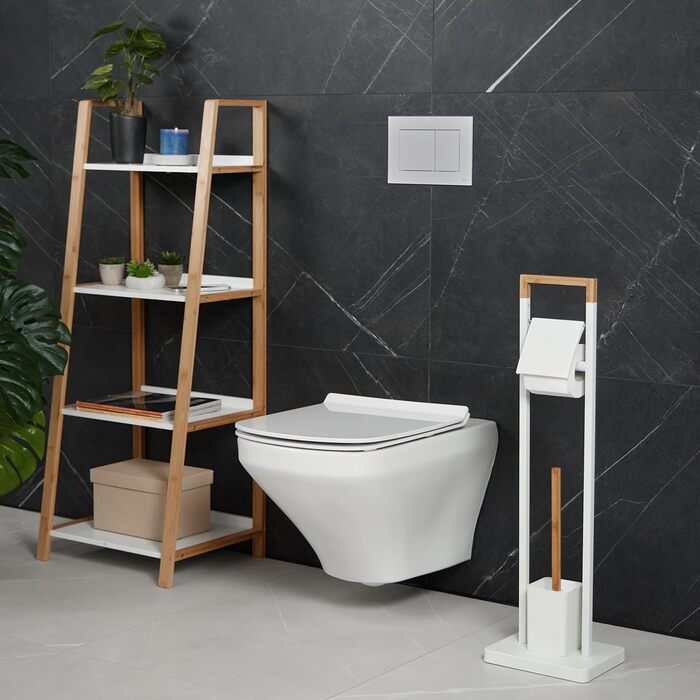Relaxdays WC Garnitur, Bambus, Edelstahl, stehender Klopapierhalter, Toilettenbürste mit Halter (Weiß/Natur)