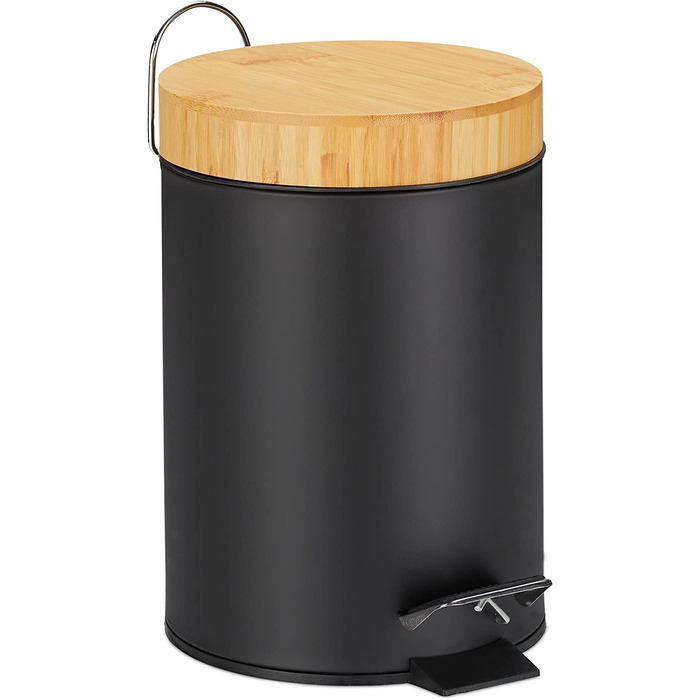 Relaxdays Mülleimer Bad, 3 l, Kosmetikeimer mit Absenkautomatik, Bambusdeckel, entnehmbarer Inneneimer, Treteimer, (Schwarz)