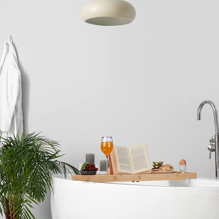 Relaxdays Badewannenablage Bambus, ausziehbar, Buch-, Utensilien- & Weinglashalter, Seifenschale, Badewannentisch, Natur, 1 S