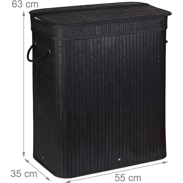 Relaxdays Wäschesortierer, Bambus, 3 Fächer, je 30 Liter, Wäschekorb mit Deckel, Griffe, HxBxT: 63 x 55 x 35 cm, (Schwarz)
