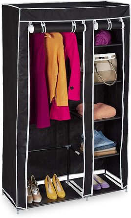 Relaxdays Stoffschrank, mit Kleiderstange & 5 Fächern, HBT: 174 x 107 x 42,5 cm, stabiler Faltschrank mit Bezug, schwarz