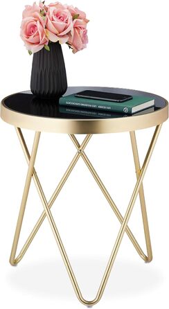 Relaxdays runder Beistelltisch, Metall & Glas, Retro-Design, 46x42 cm, schwarz-gold