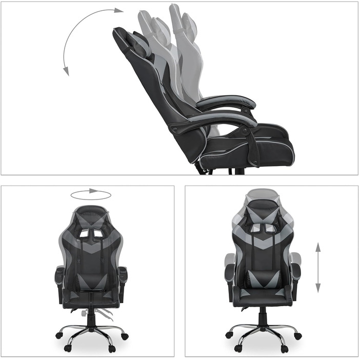 Relaxdays Gaming Stuhl, Racing Look, drehbar, höhenverstellbar, Kopf-& Lendenkissen, HxBxT: 133x68x60 cm, (Schwarz-grau)