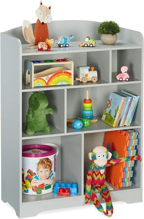 Relaxdays Kinderregal, HxBxT: 100 x 71,5 x 34 cm, 7 Fächer, MDF, Aufbewahrungsregal Kinderzimmer, Spielzeugregal, grau