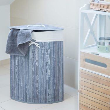 Relaxdays Eckwäschekorb, faltbar, 60 l, Baumwolle, HBT 65x49,5x37 cm, Grau, Bambusdeckel abnehmbar