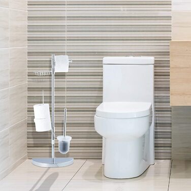 Relaxdays, Chrom Garnitur universal, Rollenhalter, WC-Bürste mit Behälter, Ablage, 360° drehbare Elemente, 86 cm hoch