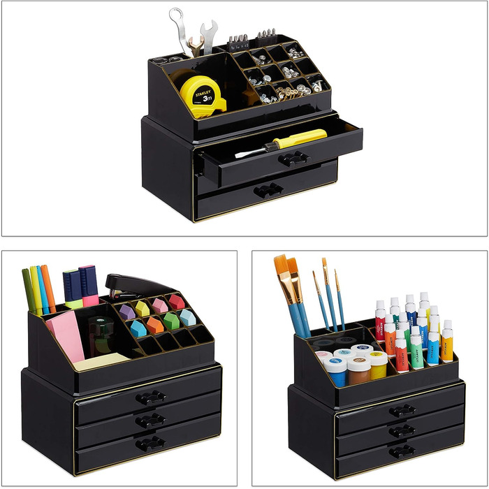Relaxdays Make Up Organizer klein, 2-teilige Schminkaufbewahrung mit Schubladen, stapelbares Kosmetikregal, schwarz/Gold, 1 Stück