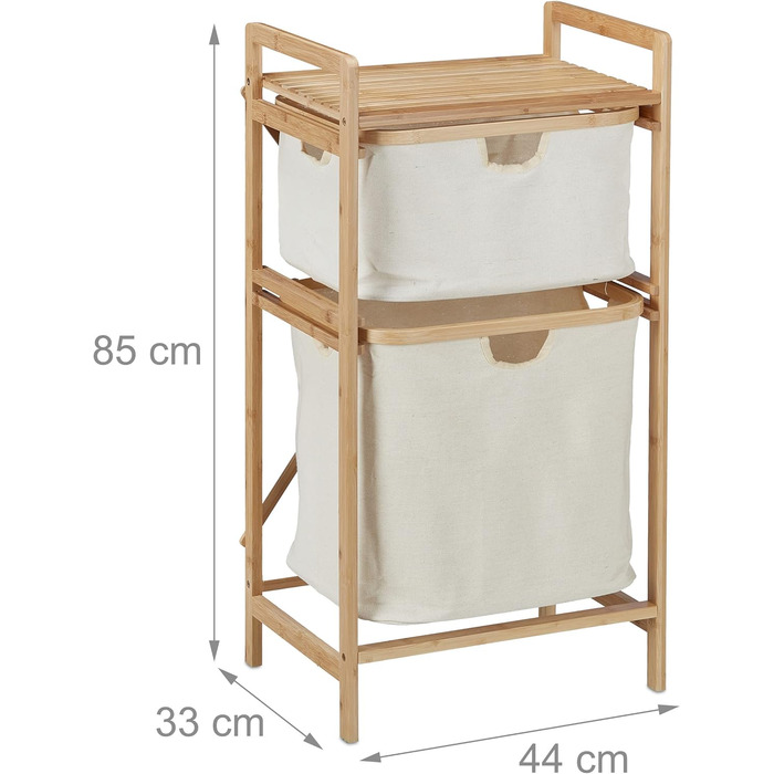 Relaxdays Wäschekorb Regal, Bambus, 2 Fächer, 85x44x33 cm, Badregal mit Wäschesammler, natur/beige