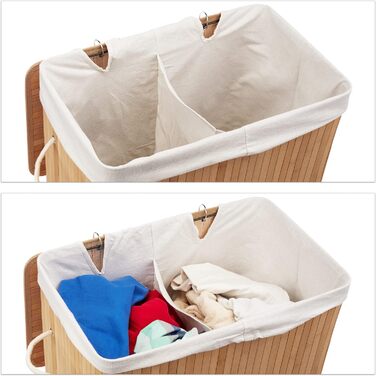 Relaxdays Wäschekorb Bambus mit Deckel, rechteckiger Wäschesammler, 2 Fächer, 95 l Volumen, faltbare Wäschebox, (Braun)