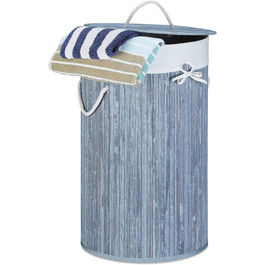 Relaxdays Wäschekorb Bambus, faltbar, mit Deckel, 70 l, Wäschesack Baumwolle, rund Ø 41 cm, Grau