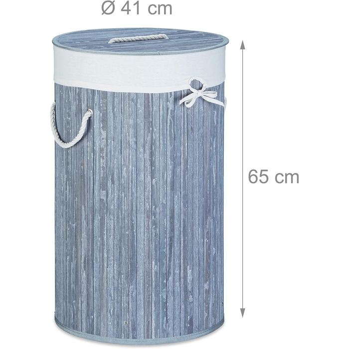 3x faltbare Wäschetonne Bambus, 70L, Baumwoll-Wäschesack, rund Ø 41 cm, grau/weiß, mit Deckel