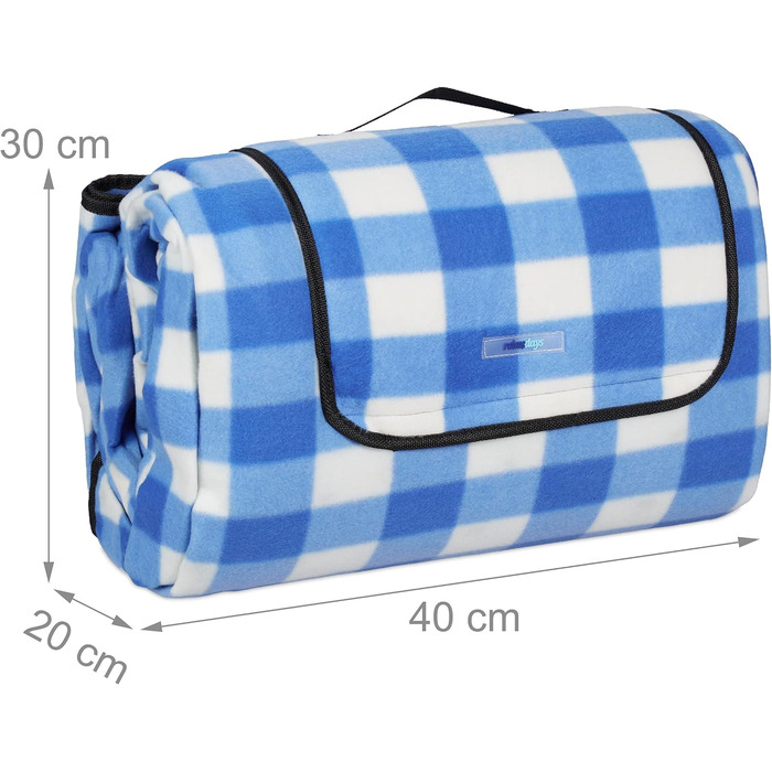 Relaxdays XXL Picknickdecke, 200x300cm, isoliert, wasserdicht, Karierte Fleece Stranddecke, weich, Tragegriff, blau-weiß