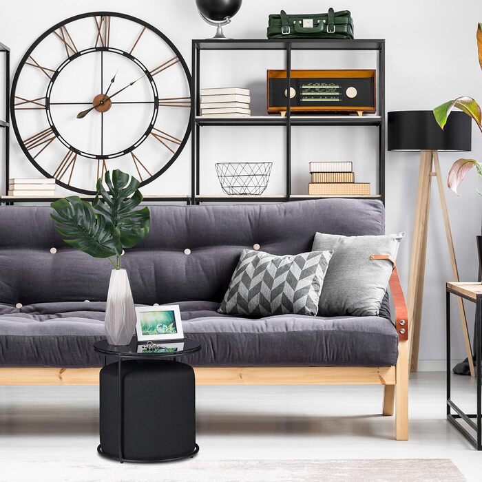 Relaxdays Beistelltisch mit Hocker, runder Couchtisch mit Sitzhocker, platzsparend, Glas & Metall, 40 x 40 cm, schwarz, 1 Stück
