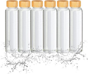 Relaxdays Trinkflasche mit Bambusdeckel, 6er Set, 500 ml, Wasserflasche mit Hülle, Borosilikatglas, transparent/schwarz 6er Set Transparent/ Schwarz