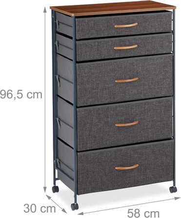 Relaxdays Roll-Schubladenschrank, 6 Stoffschubladen, Holzoptik, 74,5x58x30 cm, grau (Design C)
