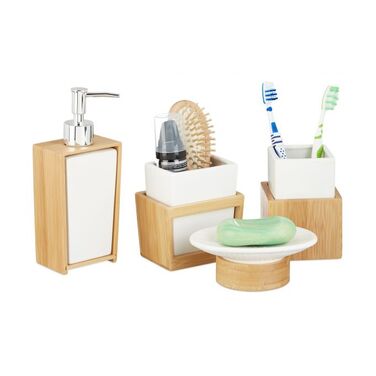 Relaxdays Badezimmer Set aus Bambus und Keramik