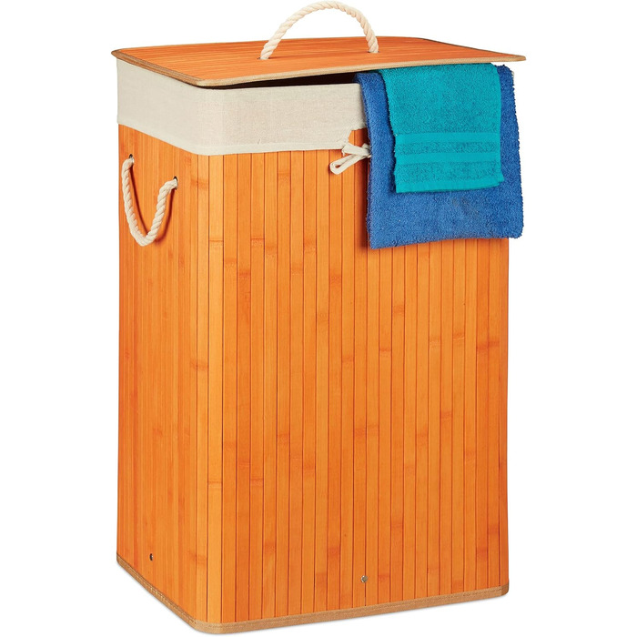 Relaxdays Wäschekorb Bambus, Deckel, rechteckig, XL, 83L, faltbarer Wäschesammler (Orange)