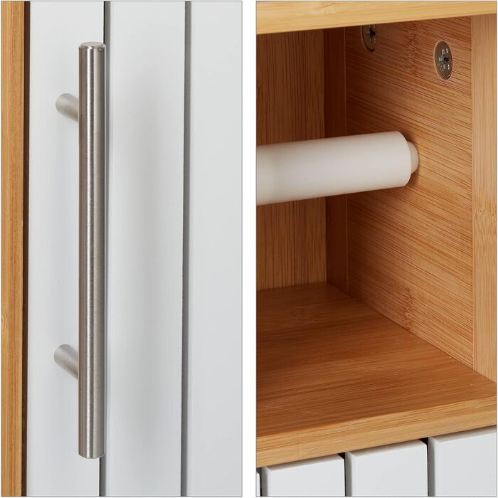 Relaxdays Toilettenpapierhalter stehend, Badezimmeregal HBT: 71x18x20 cm, MDF & Bambus, WC Papier Schrank, braun/weiß