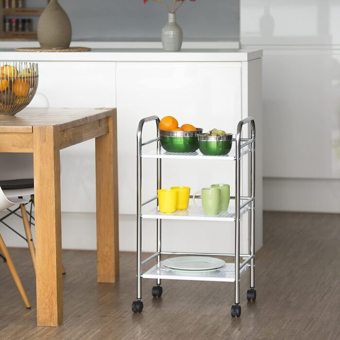 Relaxdays Servierwagen Metall, 3 Ablagen, Küchenwagen mit Griff & Bremsen, 75x40,5x31 cm, weiß