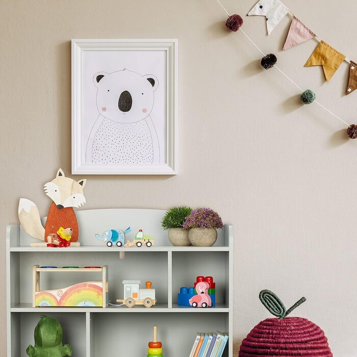 Relaxdays Kinderregal, HxBxT: 100 x 71,5 x 34 cm, 7 Fächer, MDF, Aufbewahrungsregal Kinderzimmer, Spielzeugregal, grau