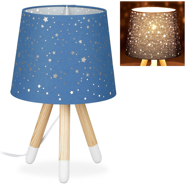 Relaxdays Kinderzimmer Tischlampe, Sterne, E14, runder Stoffschirm, 40 cm, Blau