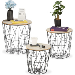 Relaxdays Korbtisch 3er Set, rund, Korb Beistelltisch Wohnzimmer, Metall & Holzoptik, 3 Größen, Drahtkorb-Tisch, schwarz