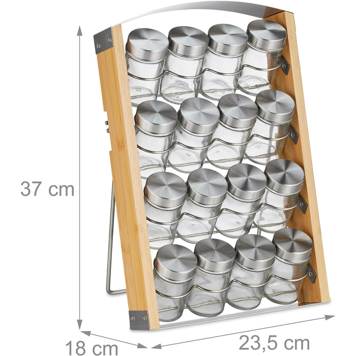 Relaxdays Gewürzständer inkl. 16 Gewürzdosen, 80 ml, Bambus Gewürzregal, HBT: 37x23,5x18 cm, Natur/Silber