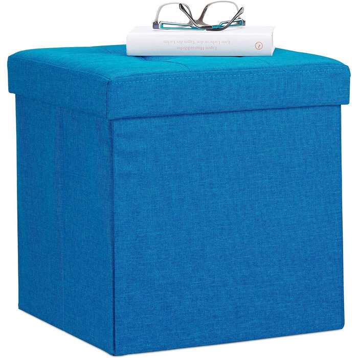 Relaxdays Faltbarer Sitzhocker, Sitzcube, Leinen, mit Deckel, 38x38x38 cm, Blau