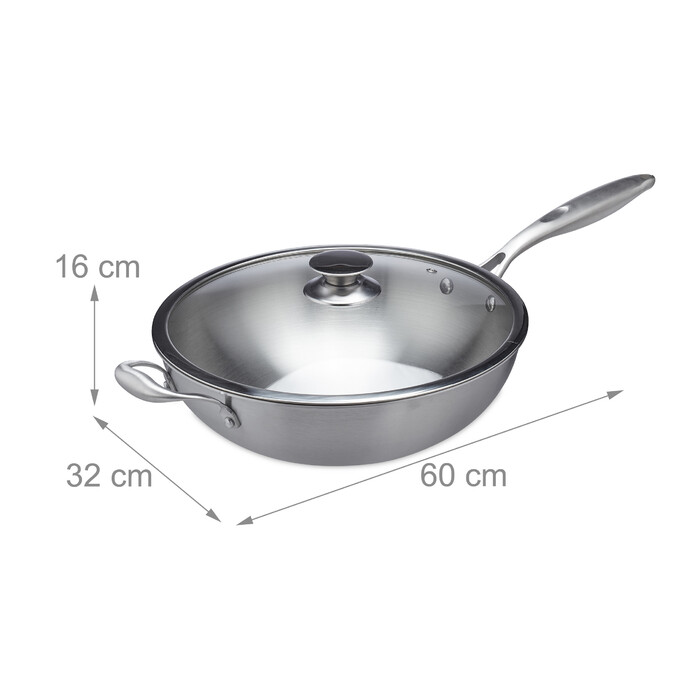 Relaxdays Edelstahl Wok mit Glasdeckel